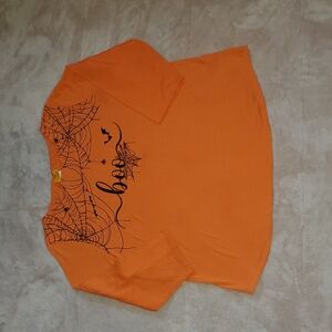 Ruby Rd. Orange Black Spider Web Halloween Boo Blouse Top Size 1X  3/4 Sleeve